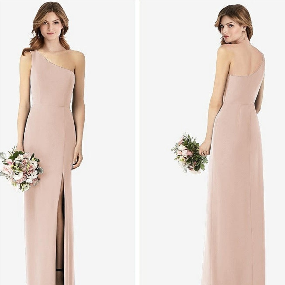 Dessy group one shoulder trumpet gown with slit in CAMEO